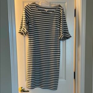 Talbots Olive Green and White Stripe Sheath Dress with Flutter Sleeves